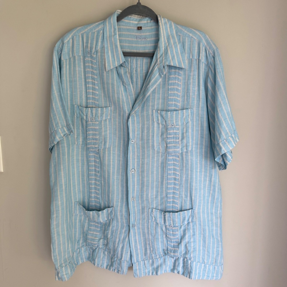 Bohio Linen Blend Button Down Shirt Turquoise Blue White Stripe Short Sleeve XL